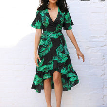 Load image into Gallery viewer, HiloRill Floral Print Bohemian Beach Dress 2020 Summer Women Dress Ruffles Casual Short Sleeve V-Neck Wrap Party Dresses Vestido