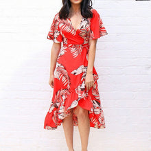 Load image into Gallery viewer, HiloRill Floral Print Bohemian Beach Dress 2020 Summer Women Dress Ruffles Casual Short Sleeve V-Neck Wrap Party Dresses Vestido