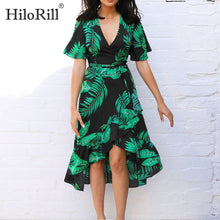 Load image into Gallery viewer, HiloRill Floral Print Bohemian Beach Dress 2020 Summer Women Dress Ruffles Casual Short Sleeve V-Neck Wrap Party Dresses Vestido
