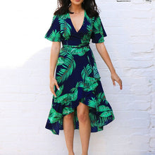 Load image into Gallery viewer, HiloRill Floral Print Bohemian Beach Dress 2020 Summer Women Dress Ruffles Casual Short Sleeve V-Neck Wrap Party Dresses Vestido

